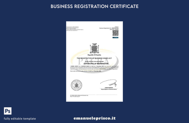 certificato di registrazione della ragione sociale dello Zambia in stile verific